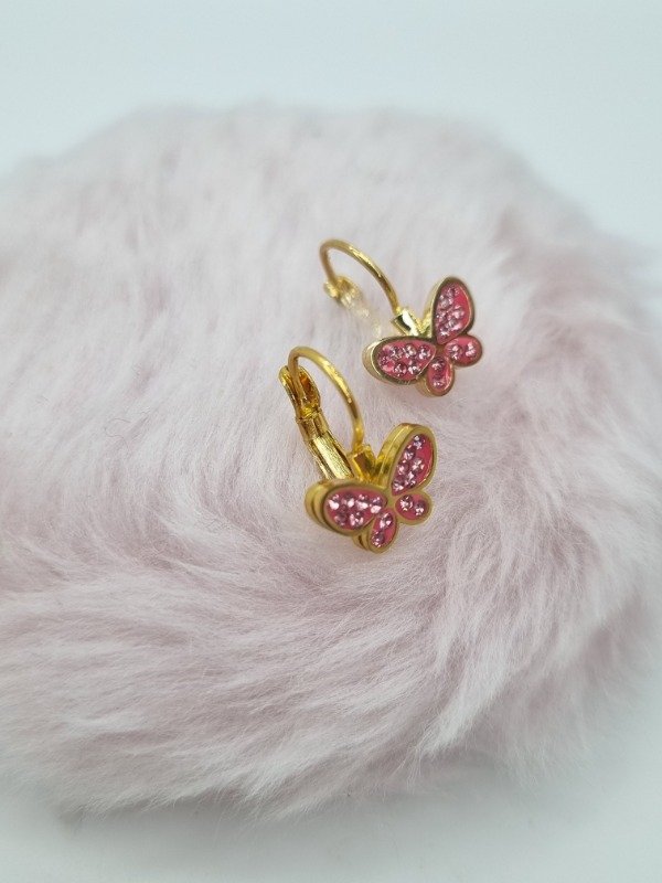 Producto - Aros acero dorado argollita colgante aplique mariposa strass color m2