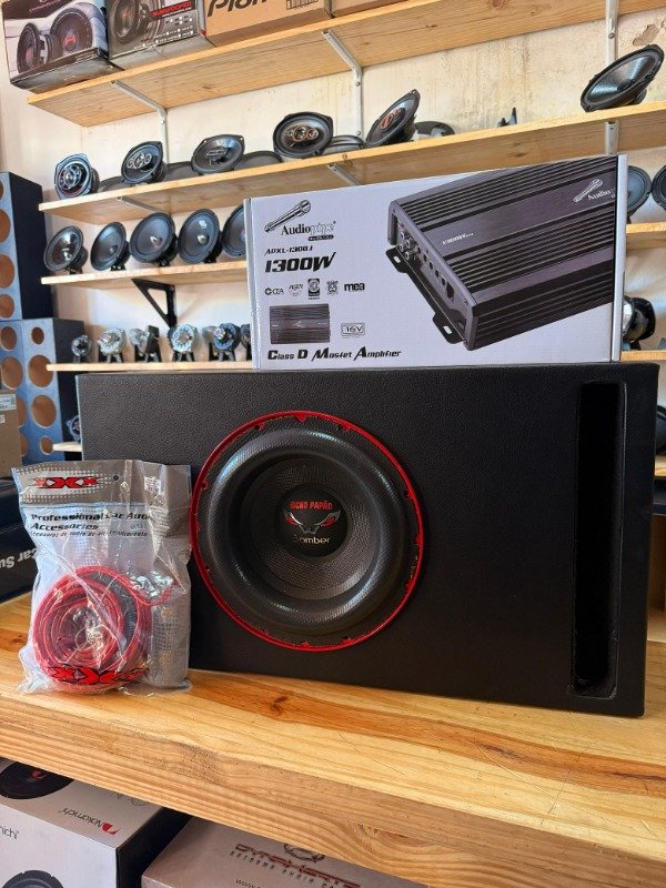 Producto - COMBO SUB 12" BOMBER 800RMS + POTE 1300.1 AUDIOPIPE + CABLES + CAJON DUCTADO MDF