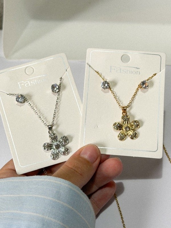 Producto - Conjunto collar flor2 + aros-elegir acero