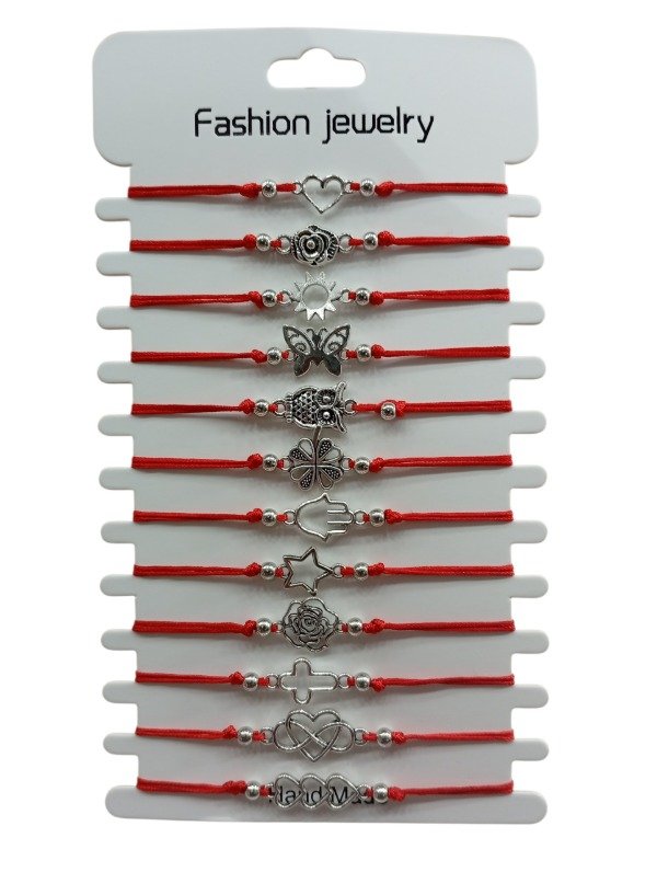 Producto - Blíster x12 Pulseras Rojas De Hilo Ajustable Con Dijes De La Suerte