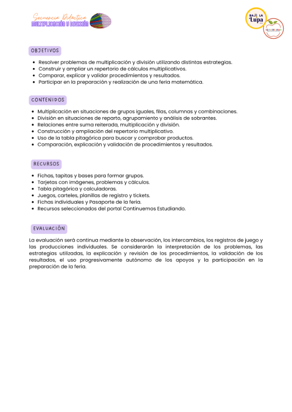 Producto - Multiplicación y división - Secuencia + Cuadernillo de adaptaciones - 3 grado - 3