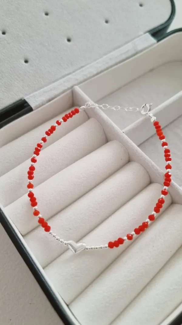 Producto - Pulsera roja con bolitas y corazon plata 925