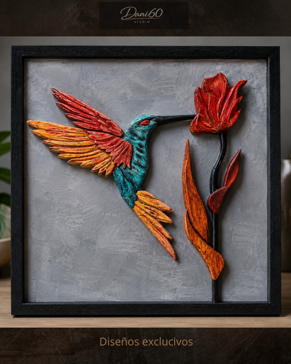 Producto - Cuadro Artesanal Colibrí y Flor