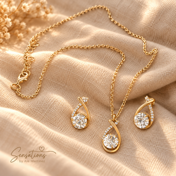 Producto - Conjunto Aros y Cadena dorada Strass gota