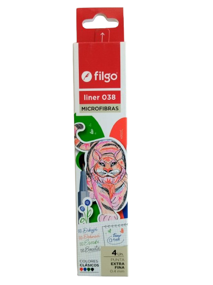 Producto - Microfibras Colores Clásicos Filgo Liner 038 0.4 mm. Rojo, Verde, Negro y Azul