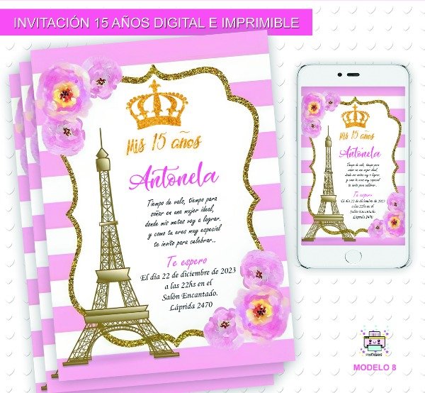 Producto - Invitación 15 años Digital e Imprimible Eifel Corona M8