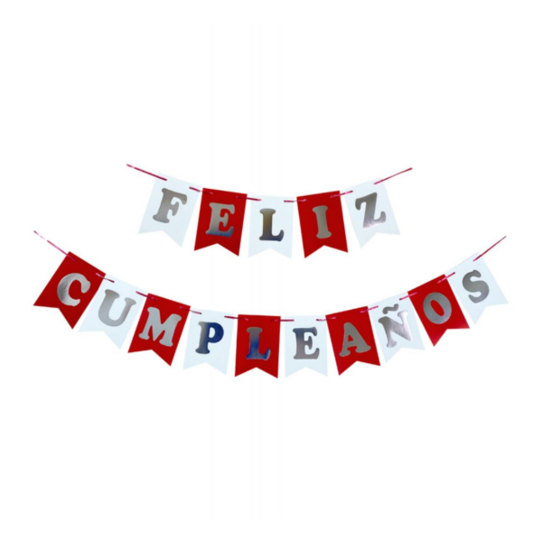 Producto - Banderin stamping letra ancha FELIZ CUMPLEAÑOS rojo y blanco letra plateada
