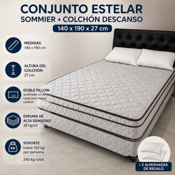 Producto - CONJUNTO ESTELAR SOMMIER + COLCHÓN DESCANSO 140 X 190 X 27CM DOBLE PILLOW