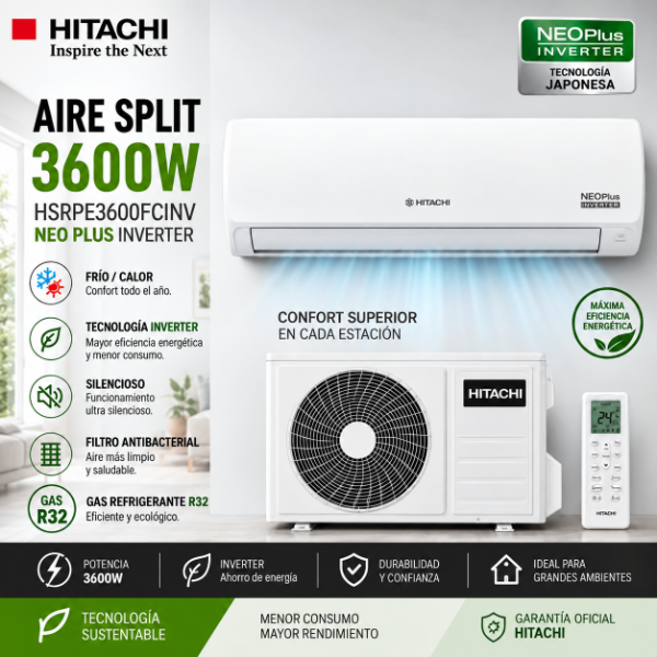 Producto - AIRE SPLIT 3600W HITACHI HSRPE3600FCINV NEO PLUS INVERTER