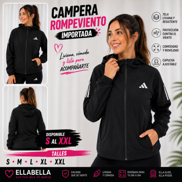Campera Rompeviento Mujer Negra con Capucha Liviana y Cómoda