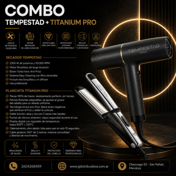 Producto - Secador VIGGO TEMPESTAD + Planchita VIGGO TITANIUM PRO