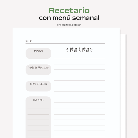 Producto - RECETARIO + MENÚ DE COMIDAS