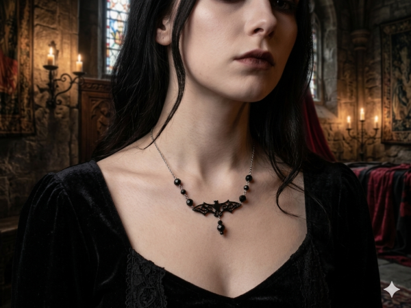 Producto - Collar murciélago negro con cristal de roca