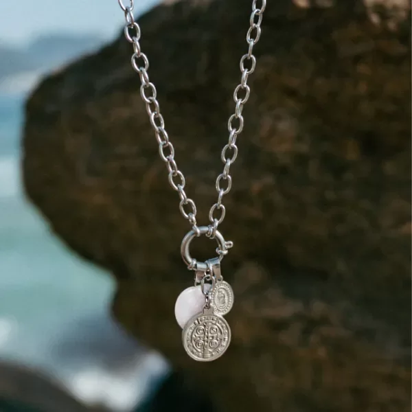 Producto - Collar San Benito + Cuarzo Rosa Acero Carmen