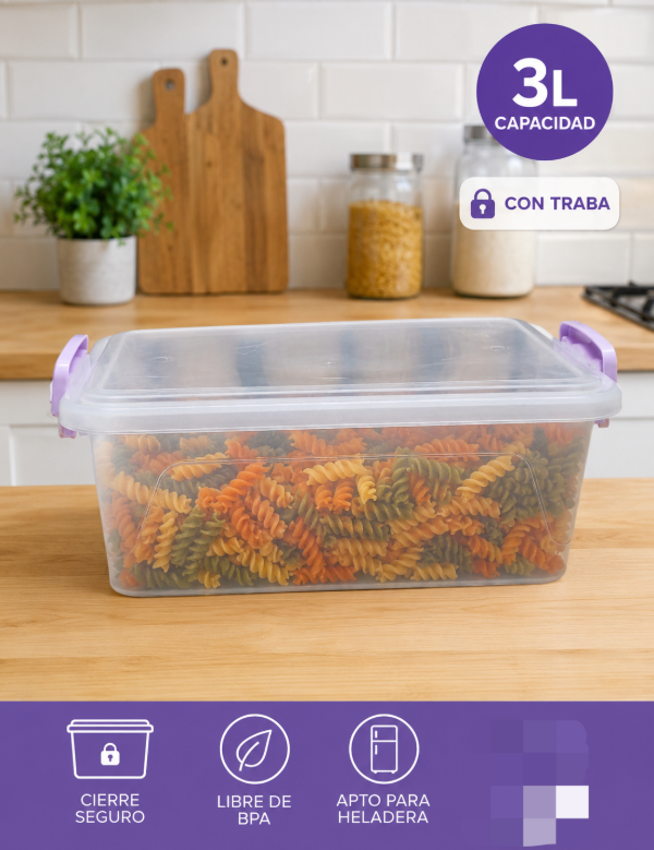Producto - Hermético Rectangular 3L con Traba Contenedor para Alimentos o para organizar