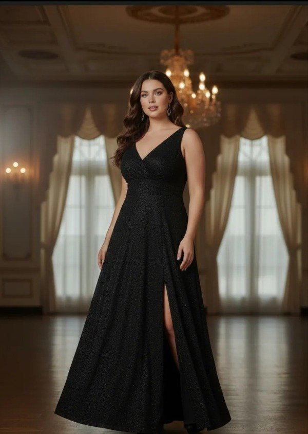 Vestido negro glitter tajo breteles anchos