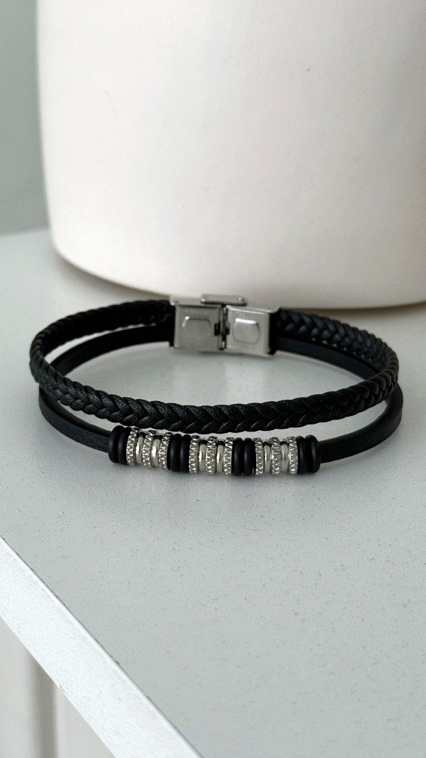 Producto - Pulsera cuero negra doble donas textu unisex ACERO Q 7