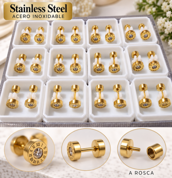 Producto - Aros acero dorado a rosca x 6 pares - 3