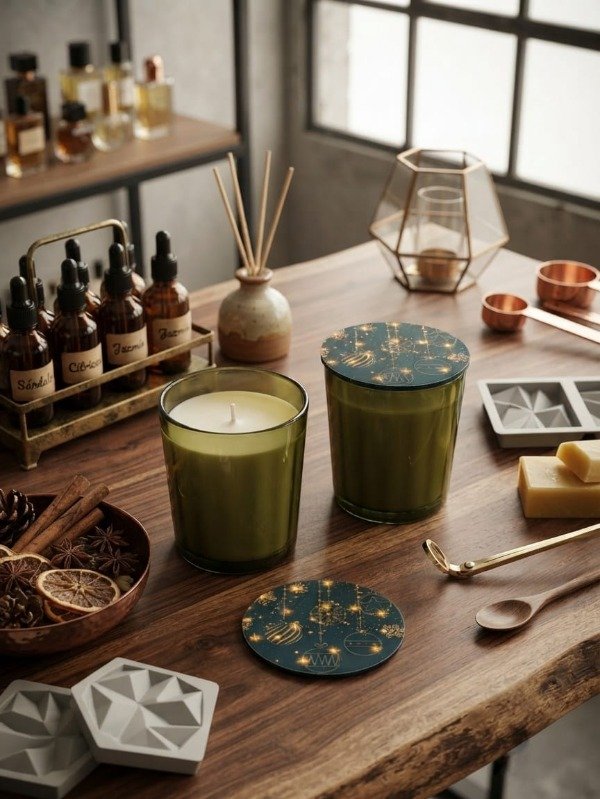 Producto - Recipiente para velas Balí con tapa verde y borlas con estrellas doradas
