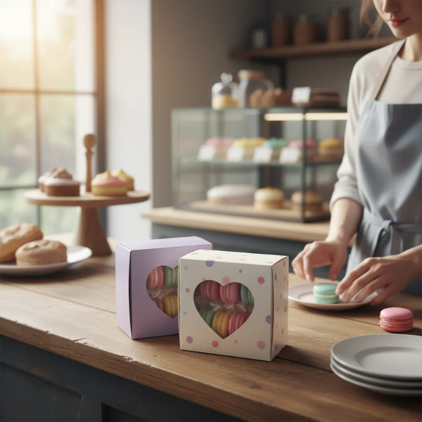 Producto - Caja LUNARES/LILA  con visor corazon  10x10x5