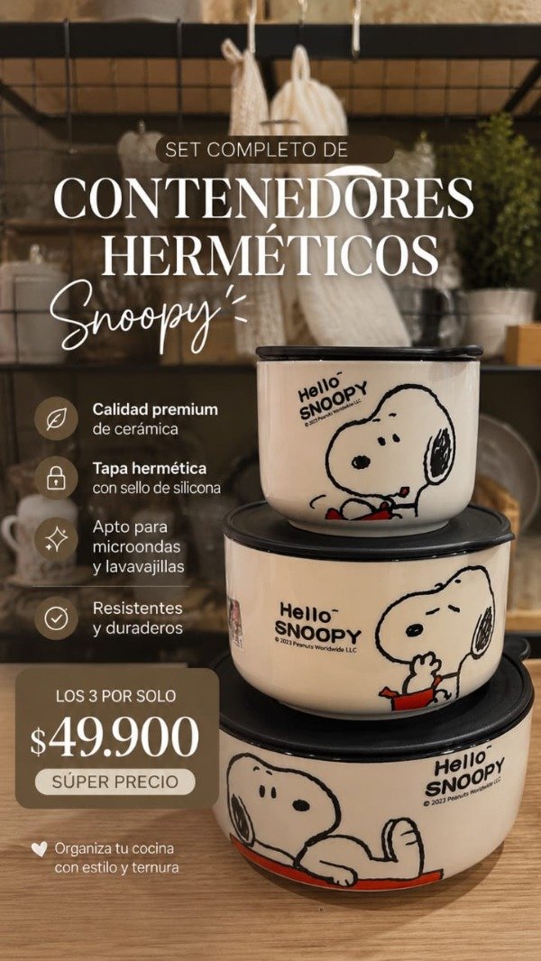 Producto - Set X3 Bowls Perrito Snoopy Con Tapa Hermética Ceramica Blanco