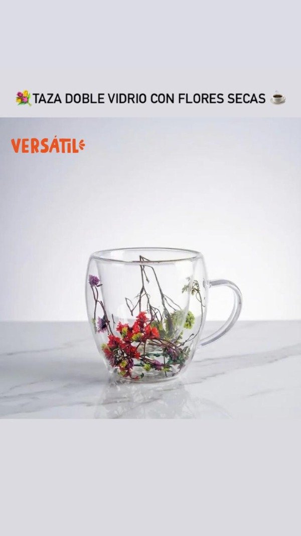 Producto - Taza doble vidrio con flores secas