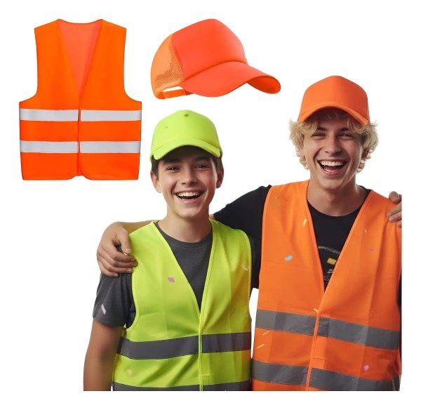 Producto - Kit Fluo Chaleco + Gorra Trucker Cotillón Naranja y Amarillo