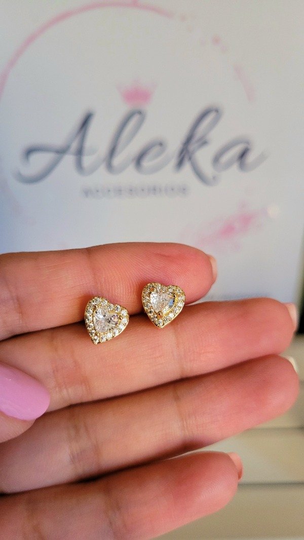 Producto - Conjunto collar y aros corazón con cubic y micropavé  de acero dorado - 6