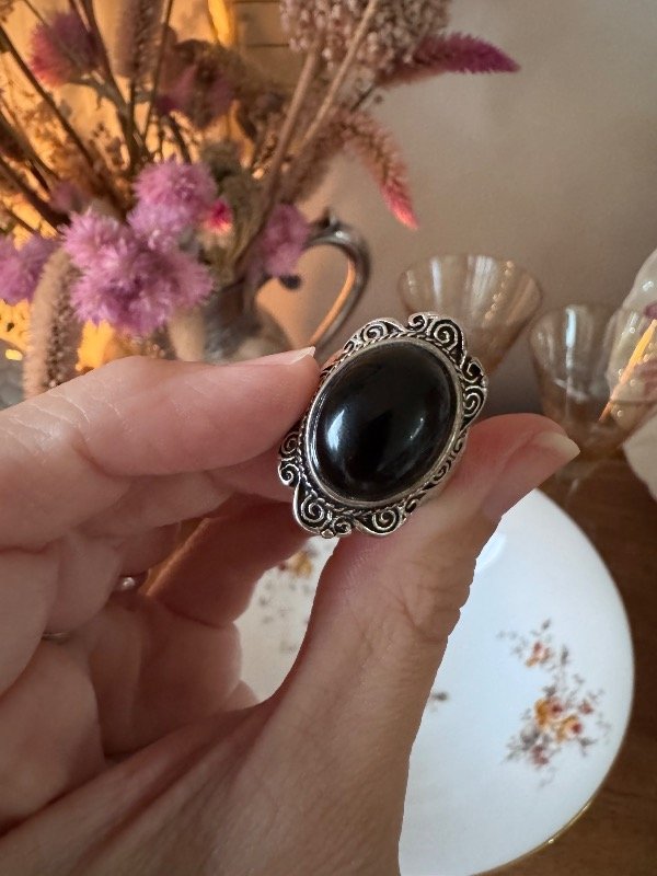 Producto - Anillo acero piedra obsidiana 17 milímetros