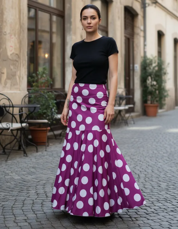 Producto - Falda caderin Violeta con lunares Blancos - Talle M/L