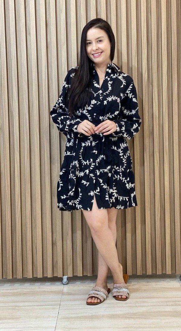 Producto - Vestido camisero Negro bordado Blanco 143-77