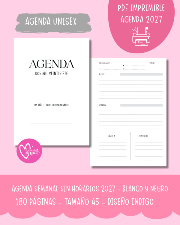 Producto - AGENDA SEMANAL SIN HORARIOS 2027 - Diseño INDIGO BLANCO Y NEGRO