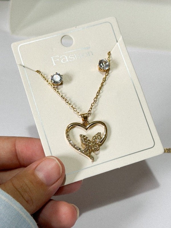 Producto - Conjunto collar corazón + aros-acero dorado