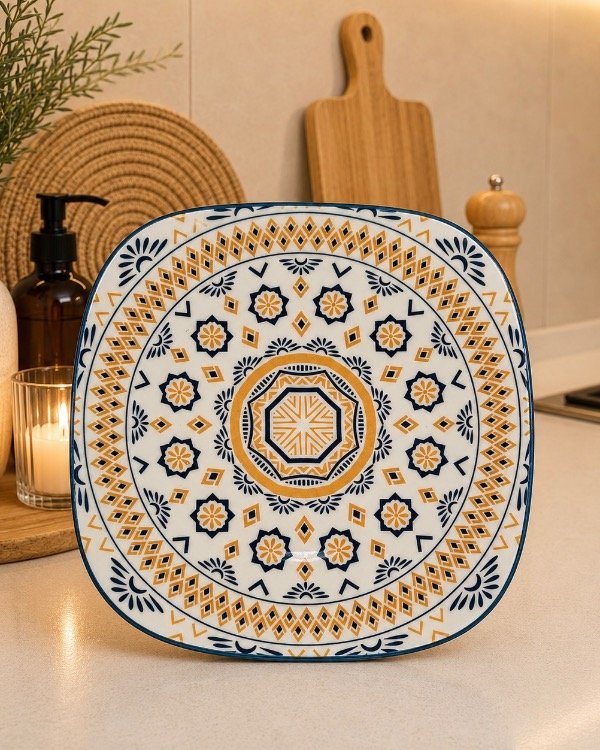 Producto - PLATO DE CERÁMICA 21cm NARANJA CON AZUL