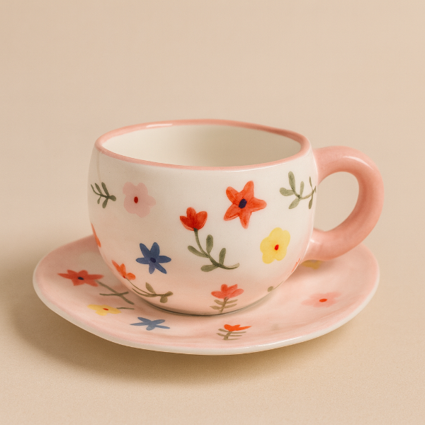 Producto - Taza de Cerámica con Plato Diseño Floral