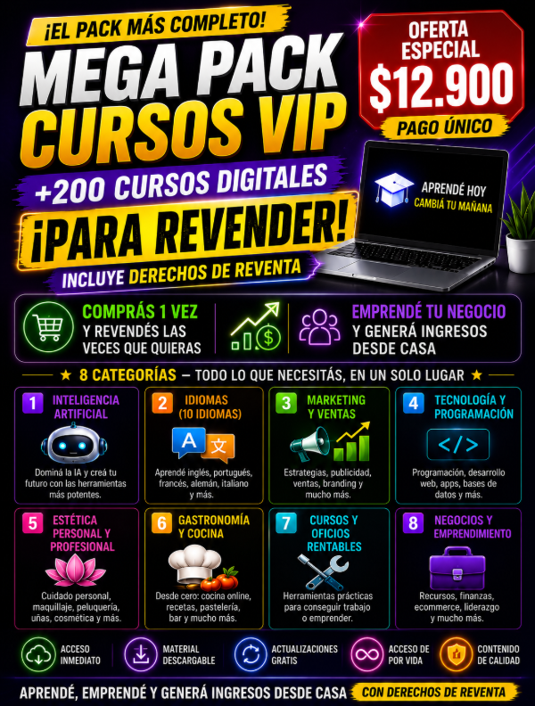 Producto - MEGA PACK CURSOS VIP +200 CURSOS DIGITALES PARA REVENDER