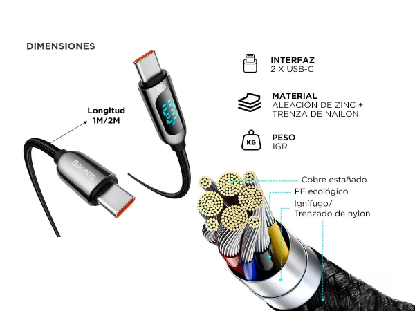 Producto - Cable Type-C a Type-C -display digital -carga rapida 100w -aleación de zinc + tr - 3