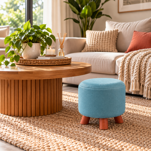 Producto - PUFF CIRCULAR C/ BASE MADERA 28CM DE DIAMETRO X 26 DE ALTURA TELA ACOLCHADA - 3