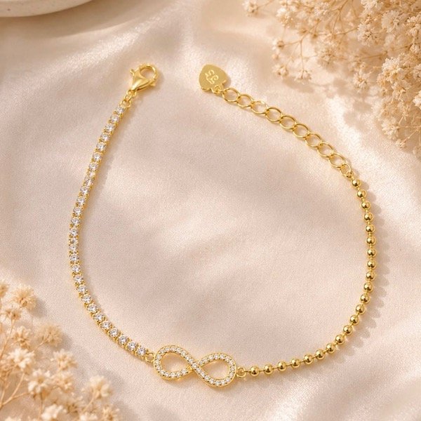 Producto - Pulsera infinito combinada con bolitas y cubic Plata 925 Dorado
