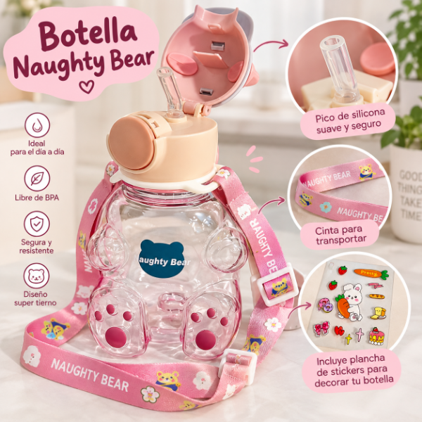 Producto - BOTELLA INFANTIL OSITO CON GORRA SORBETE Y CORREA Y STICKERS PARA DECORAR 700ML - 0