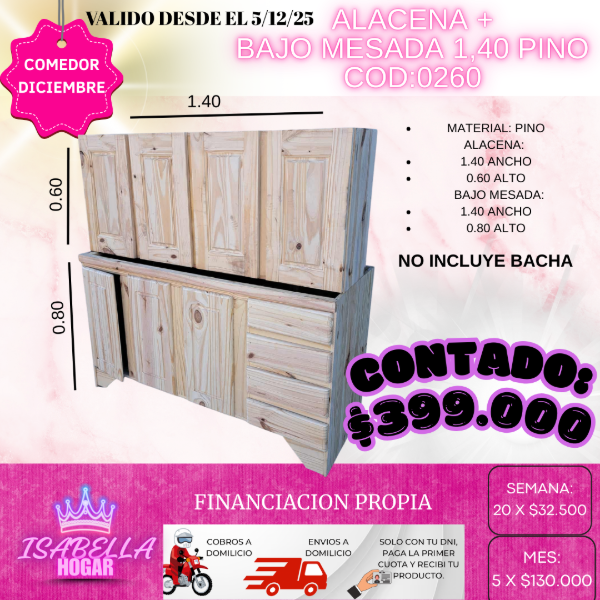 Producto - ALACENA + BAJO MESADA 1.40 PINO COD:0260