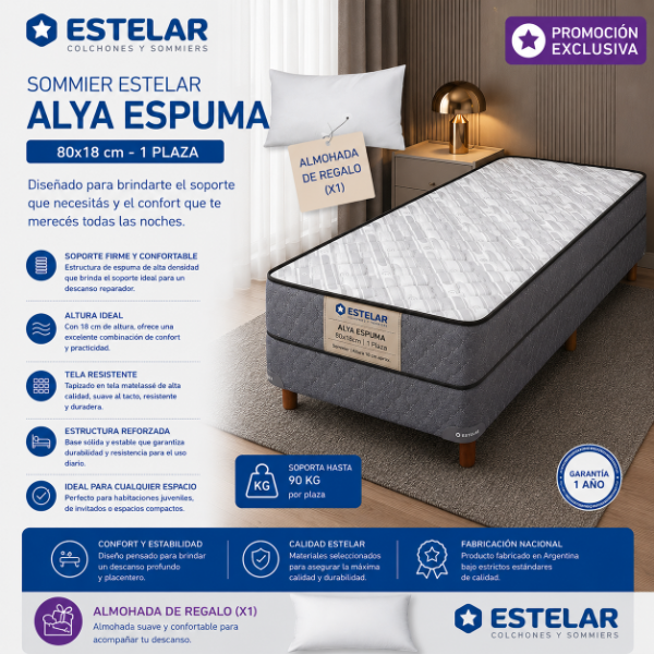 Producto - SOMMIER ESTELAR ESPUMA 80X18CM - 1 PLAZA + ALMOHADAS DE REGALO