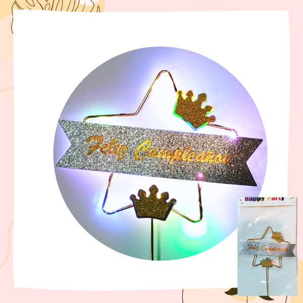 Producto - Topper Feliz cumpleaños con Luz estrella