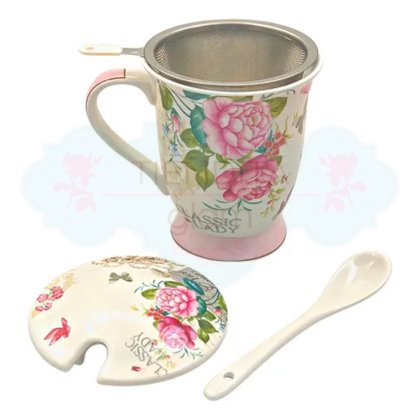 Producto - TAZA DE PORCELANA CON FILTRO Y CUCHARA FLORES ROSAS CLASSIC LADY 300 ML - 1