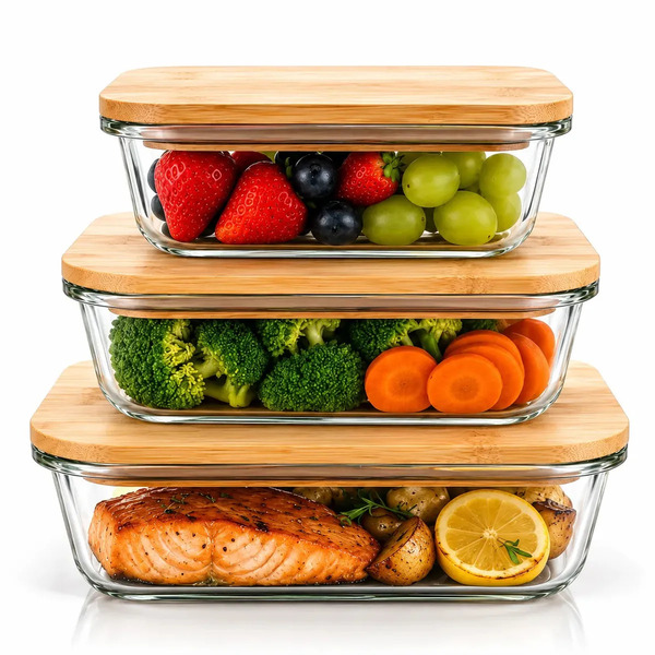 Producto - Set X3 recipientes hermetico -vidrio -tapa de bambu -apto microondas/horno/freez - 1