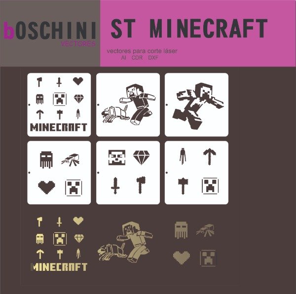 Producto - 18 DISEÑOS STENCIL MINECRAFT - PACK VECTORES PARA CORTE LASER