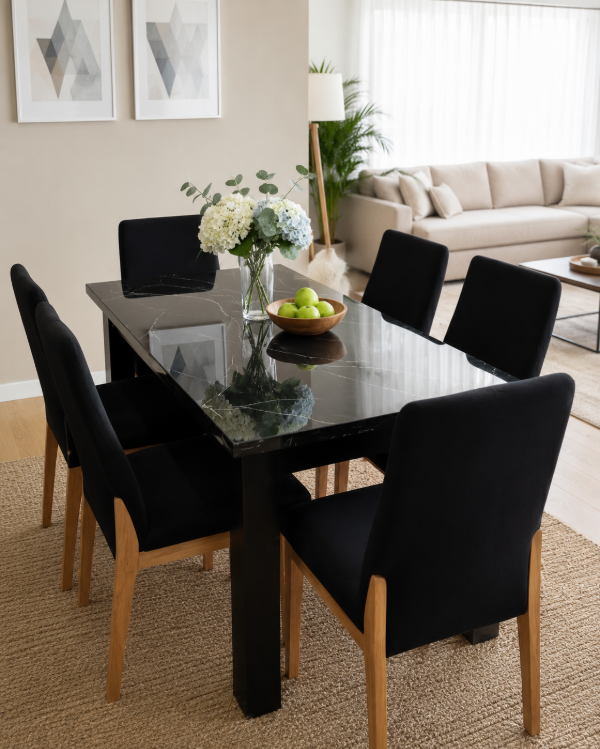 Producto - MESA COMEDOR EXTENSIBLE MARMOLADA CON SILLAS EN MADERA
