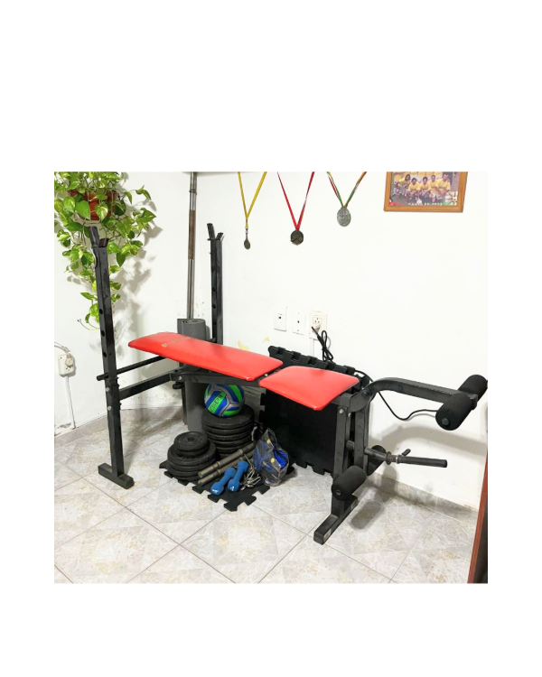Producto - Banco pecho y piernas con barra, mancuernas y discos de hierro