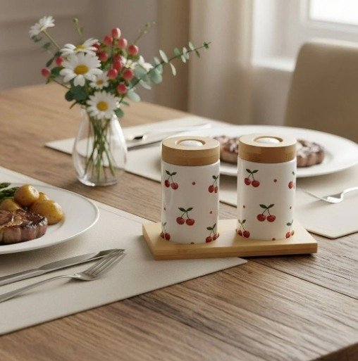 Producto - Salero+Pimentero Cerámica Cereza con Base Madera