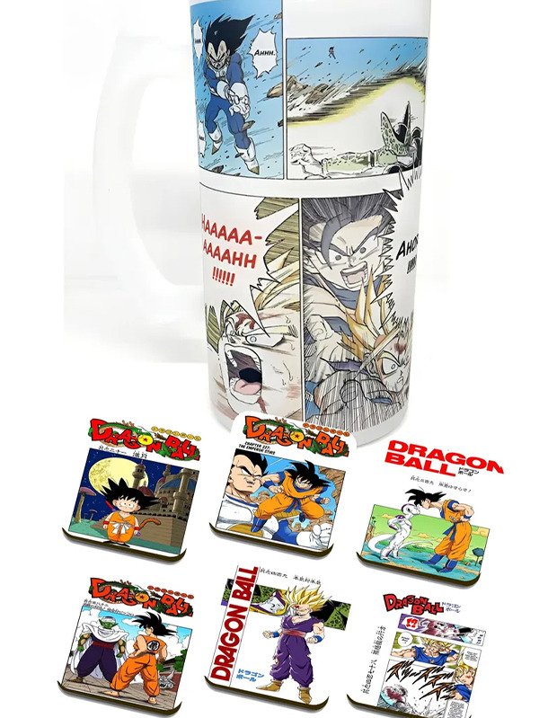 Producto - Combo Chop Vaso Vidrio Dragon Ball Goku Gohan + Posavaso Tapas manga X6